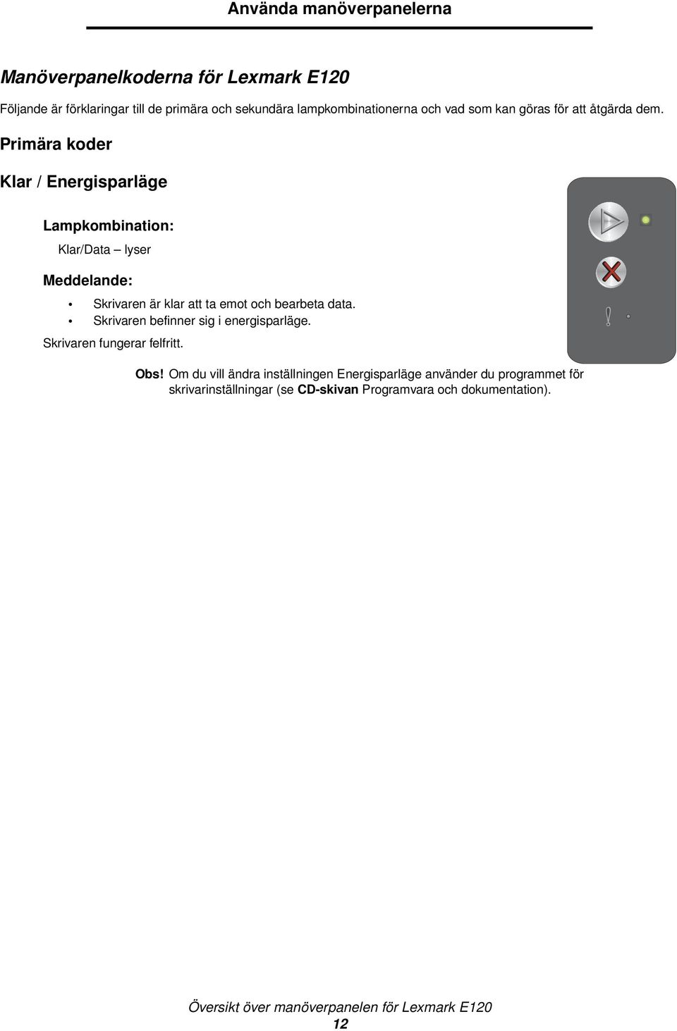 Primära koder Klar / Energisparläge Klar/Data lyser Skrivaren är klar att ta emot och bearbeta data.