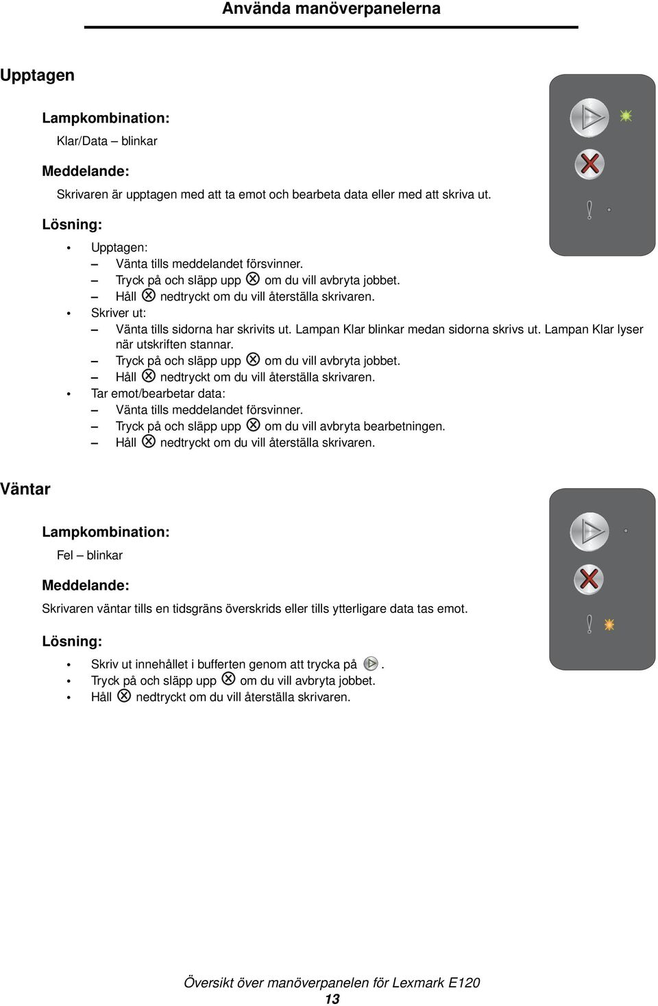 Lampan Klar lyser när utskriften stannar. Tryck på och släpp upp om du vill avbryta jobbet. Håll nedtryckt om du vill återställa skrivaren. Tar emot/bearbetar data: Vänta tills meddelandet försvinner.