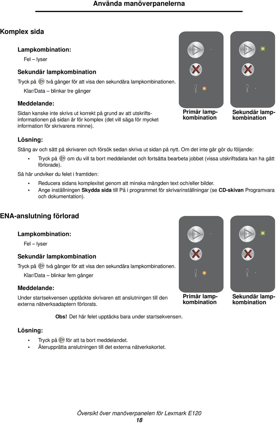 Primär lampkombination Stäng av och sätt på skrivaren och försök sedan skriva ut sidan på nytt.