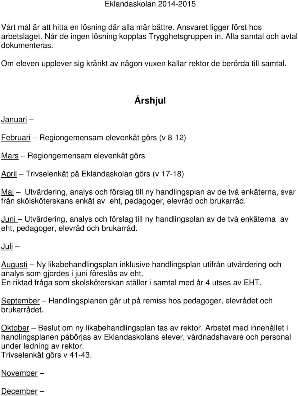 Januari Årshjul Februari Regiongemensam elevenkät görs (v 8-12) Mars Regiongemensam elevenkät görs April Trivselenkät på Eklandaskolan görs (v 17-18) Maj Utvärdering, analys och förslag till ny