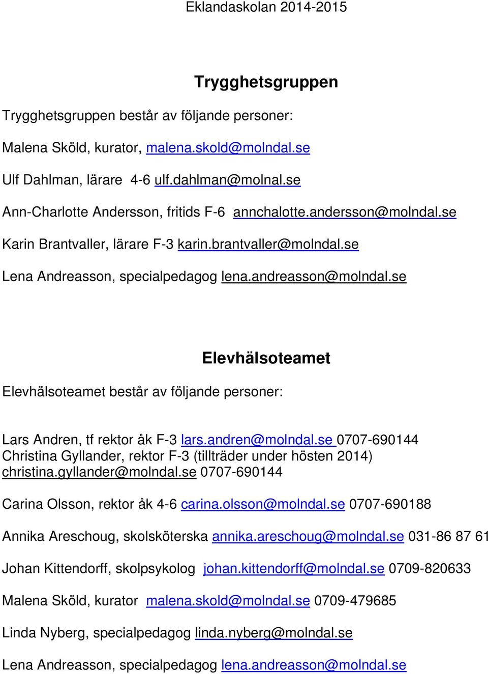 se Elevhälsoteamet Elevhälsoteamet består av följande personer: Lars Andren, tf rektor åk F-3 lars.andren@molndal.