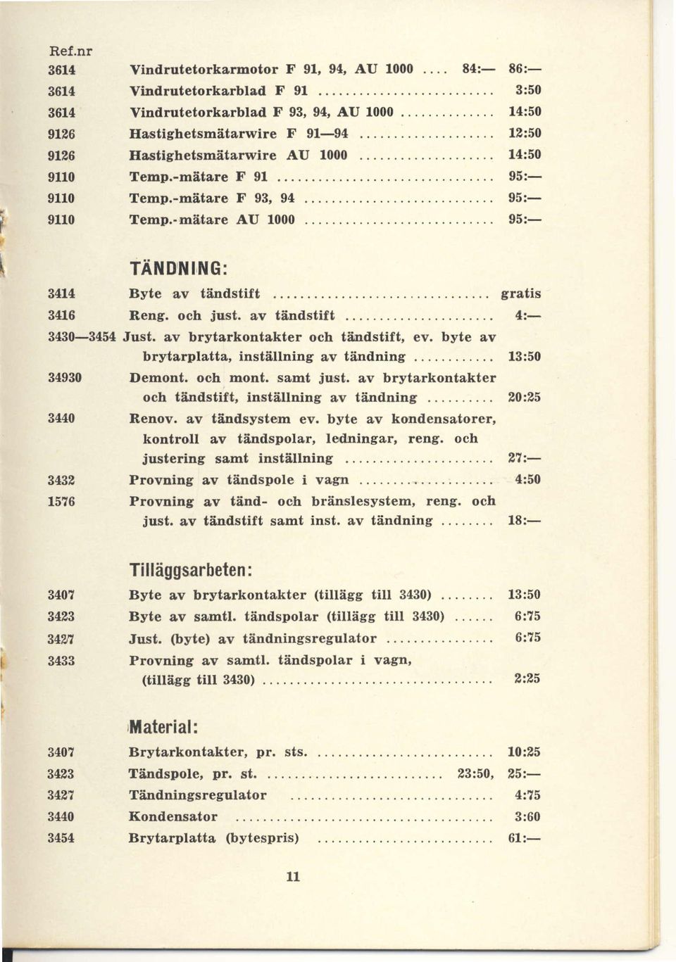 -niitare AU 1000 95:- \ 3414 3416 TAI{DNING: Byte av tiinilstift... gratis 34:10-3454 Just. av brytarkontakter och tfindstift, ev. byte av 34930 34ir0 3432 1576 Reng. och just.