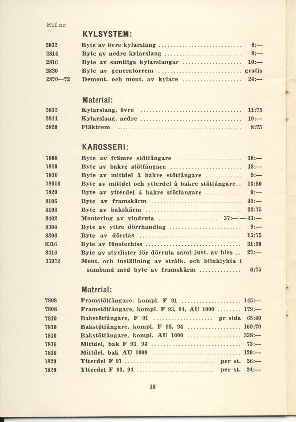10:- Fliktrem t:75 KAROSSERI: Byte av frimre sttitfingare 18:- Byte av bakre stdtfingare.. 1E:- Byte av nittdel i bakre st6tfringare 9:- Byte av mitttlel och yttertlel il bakre stiitfrinspre.