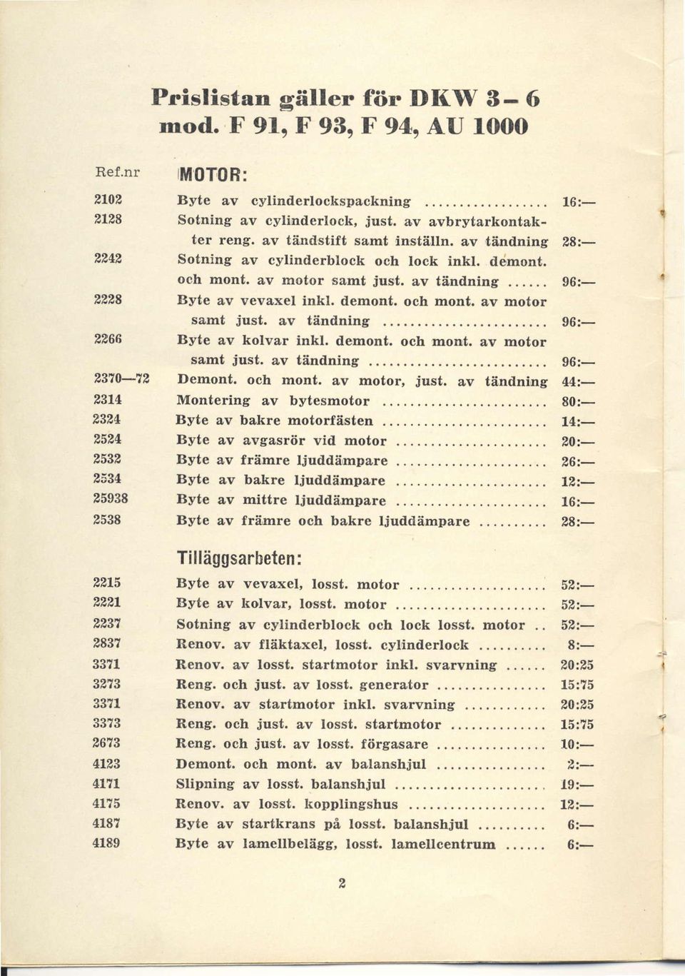 av tiinilning 96:- 2266 Byte av kolvar inkl demont. och mont. av motor samt just. av tiintlning.. 96:- 2370-72 Demont. och mont. av motor, just. av tflnitning 44:- 2314 Montering av bytesmotor.