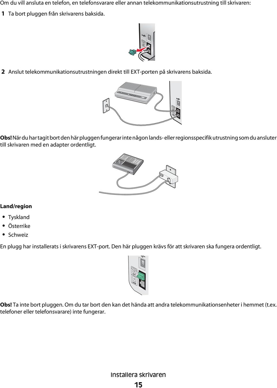 När du har tagit bort den här pluggen fungerar inte någon lands- eller regionsspecifik utrustning som du ansluter till skrivaren med en adapter ordentligt.