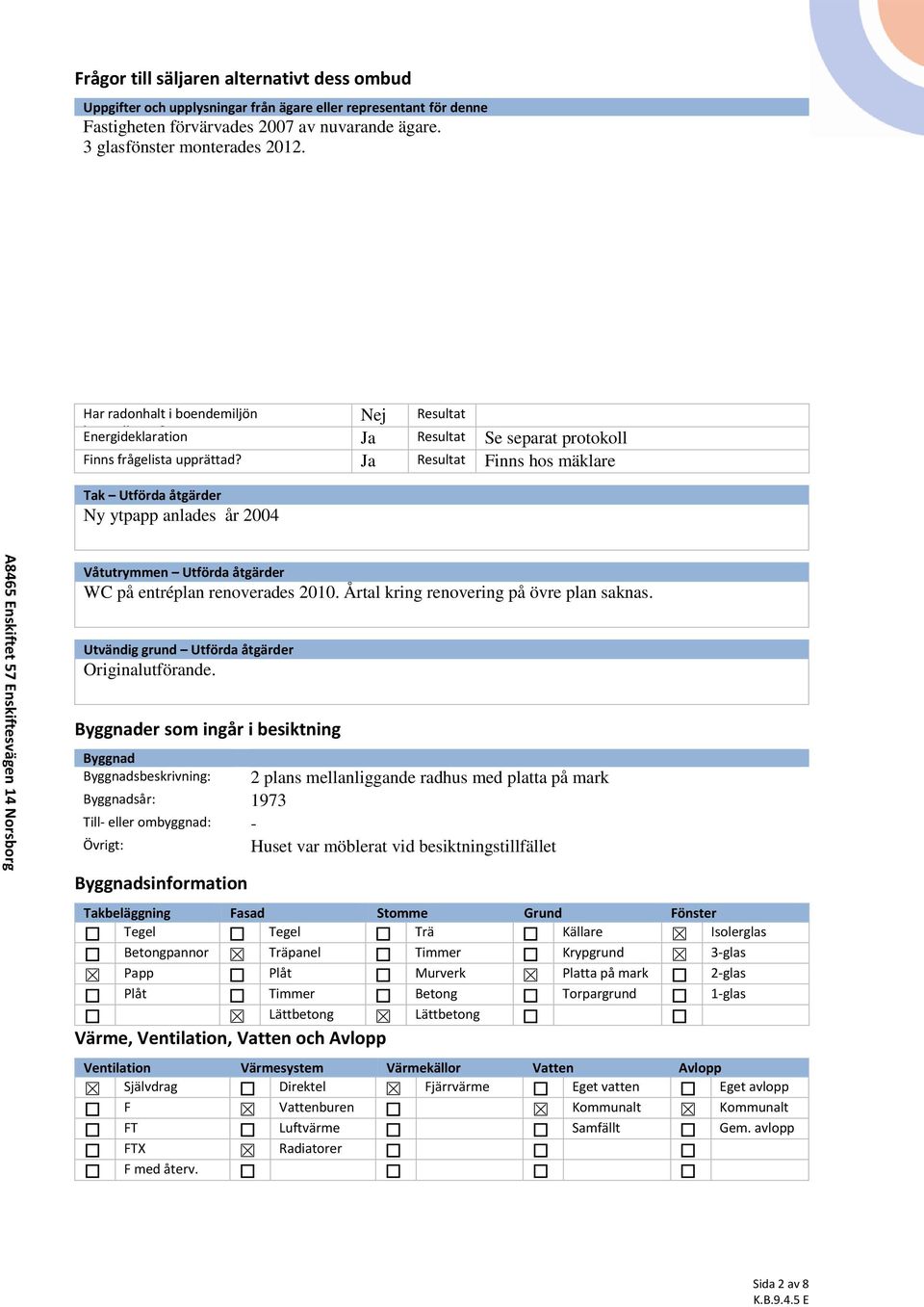 Ja Resultat Finns hos mäklare Tak Utförda åtgärder Ny ytpapp anlades år 2004 Våtutrymmen Utförda åtgärder WC på entréplan renoverades 2010. Årtal kring renovering på övre plan saknas.