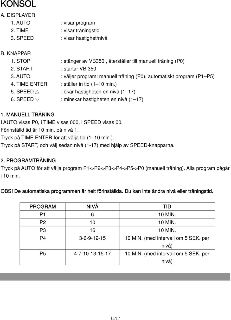 SPEED : minskar hastigheten en nivå (1 17) 1. MANUELL TRÄNING I AUTO visas P0, i TIME visas 000, i SPEED visas 00. Förinställd tid är 10 min. på nivå 1.