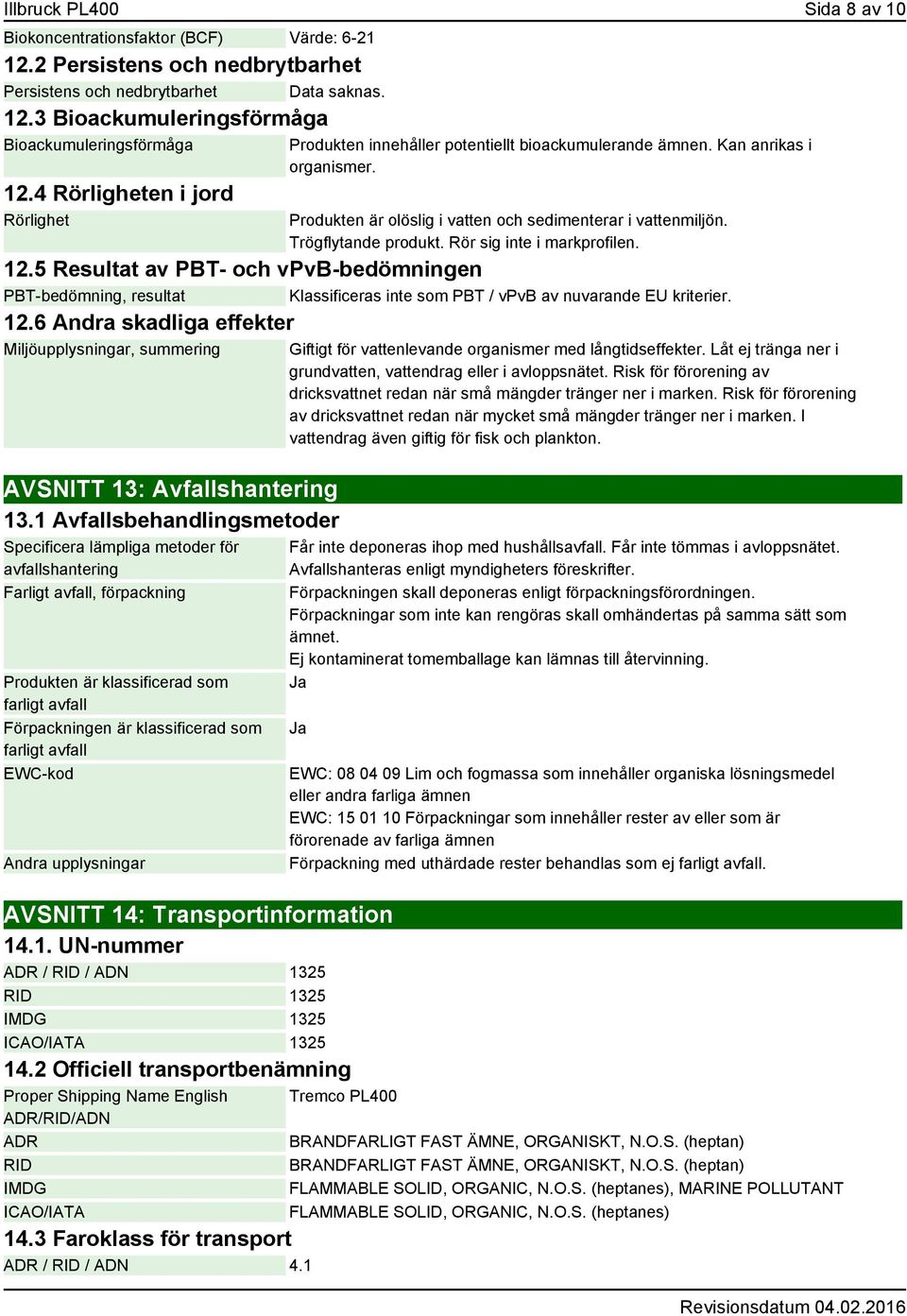 Rör sig inte i markprofilen. 12.5 Resultat av PBT- och vpvb-bedömningen PBT-bedömning, resultat Klassificeras inte som PBT / vpvb av nuvarande EU kriterier. 12.6 Andra skadliga effekter Miljöupplysningar, summering AVSNITT 13: Avfallshantering 13.