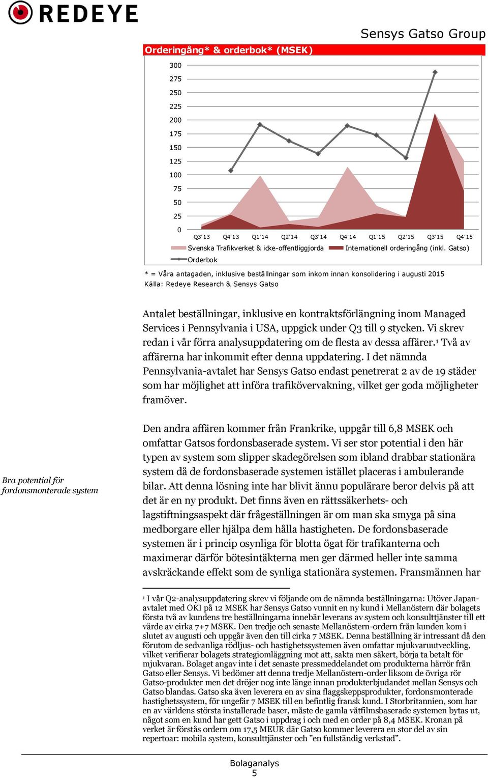 Gatso) Orderbok * = Våra antagaden, inklusive beställningar som inkom innan konsolidering i augusti 2015 Källa: Redeye Research & Sensys Gatso Antalet beställningar, inklusive en kontraktsförlängning
