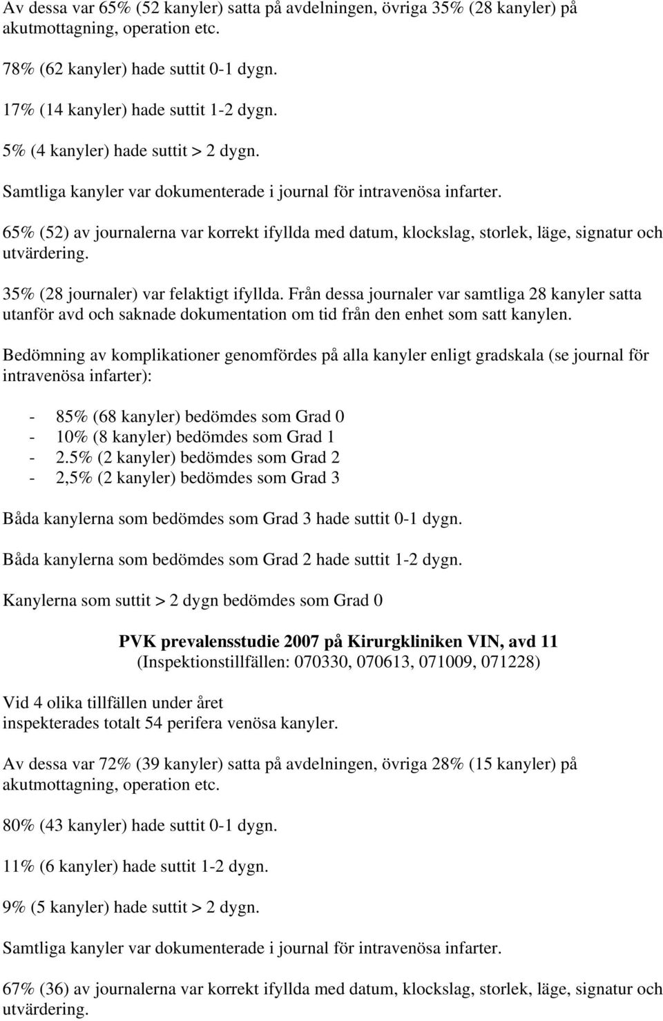 65% (52) av journalerna var korrekt ifyllda med datum, klockslag, storlek, läge, signatur och utvärdering. 35% (28 journaler) var felaktigt ifyllda.