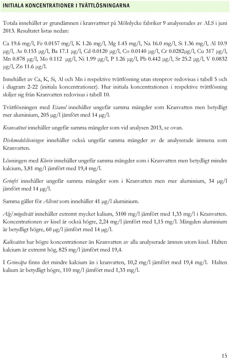 112 μg/l, Ni 1.99 μg/l, P 1.26 μg/l, Pb 0.442 μg/l, Sr 25.2 μg/l, V 0.0832 μg/l, Zn 11.6 μg/l. Innehållet av Ca, K, Si, Al och Mn i respektive tvättlösning utan stenprov redovisas i tabell 5 och i diagram 2-22 (initiala koncentrationer).