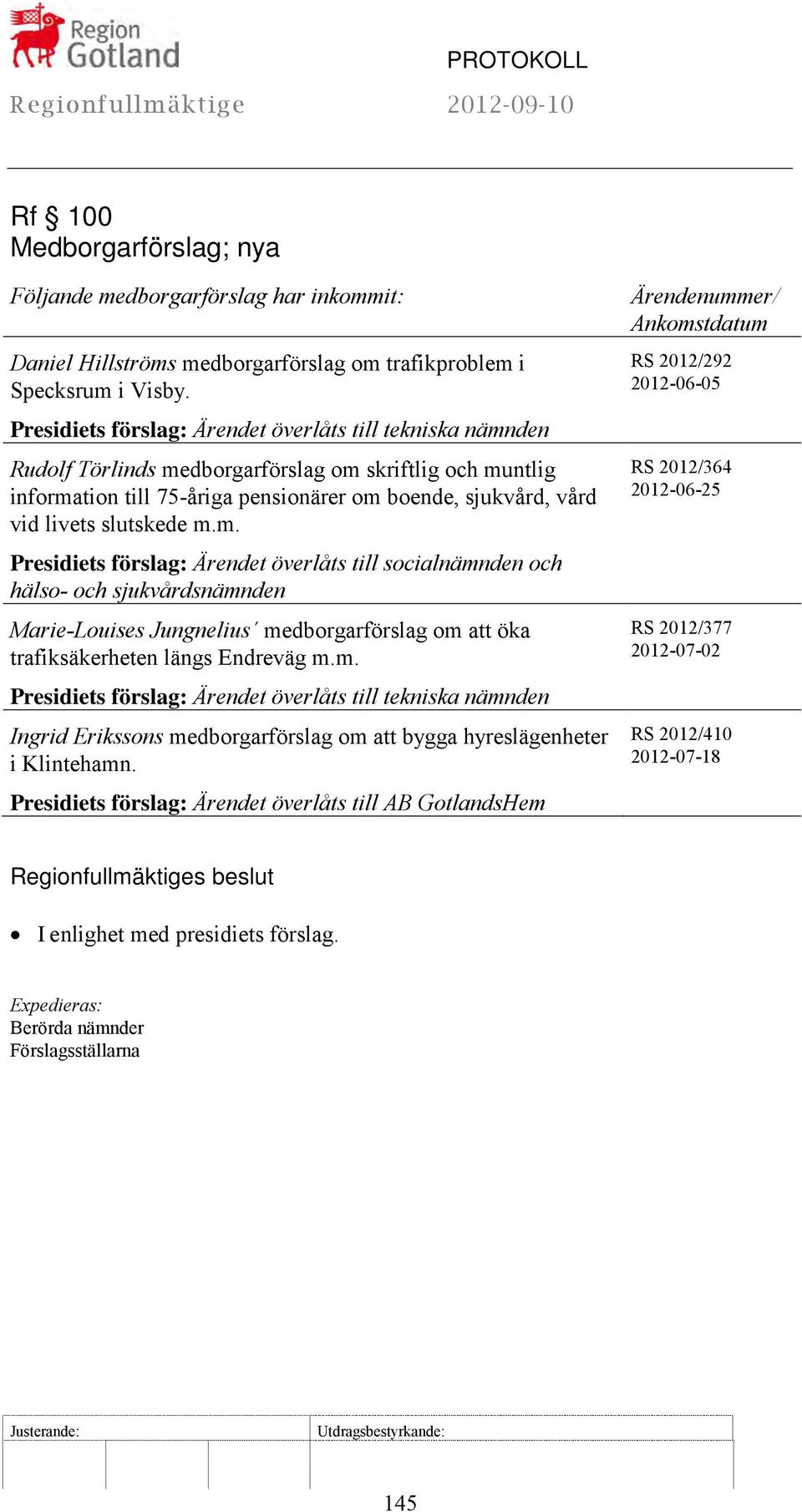 slutskede m.m. Presidiets förslag: Ärendet överlåts till socialnämnden och hälso- och sjukvårdsnämnden Marie-Louises Jungnelius medborgarförslag om att öka trafiksäkerheten längs Endreväg m.m. Presidiets förslag: Ärendet överlåts till tekniska nämnden Ingrid Erikssons medborgarförslag om att bygga hyreslägenheter i Klintehamn.