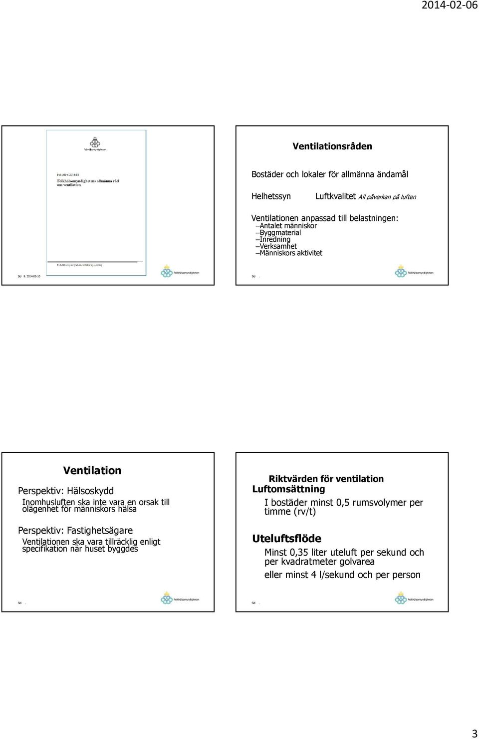 olägenhet för människors hälsa Perspektiv: Fastighetsägare Ventilationen ska vara tillräcklig enligt specifikation när huset byggdes Riktvärden för ventilation