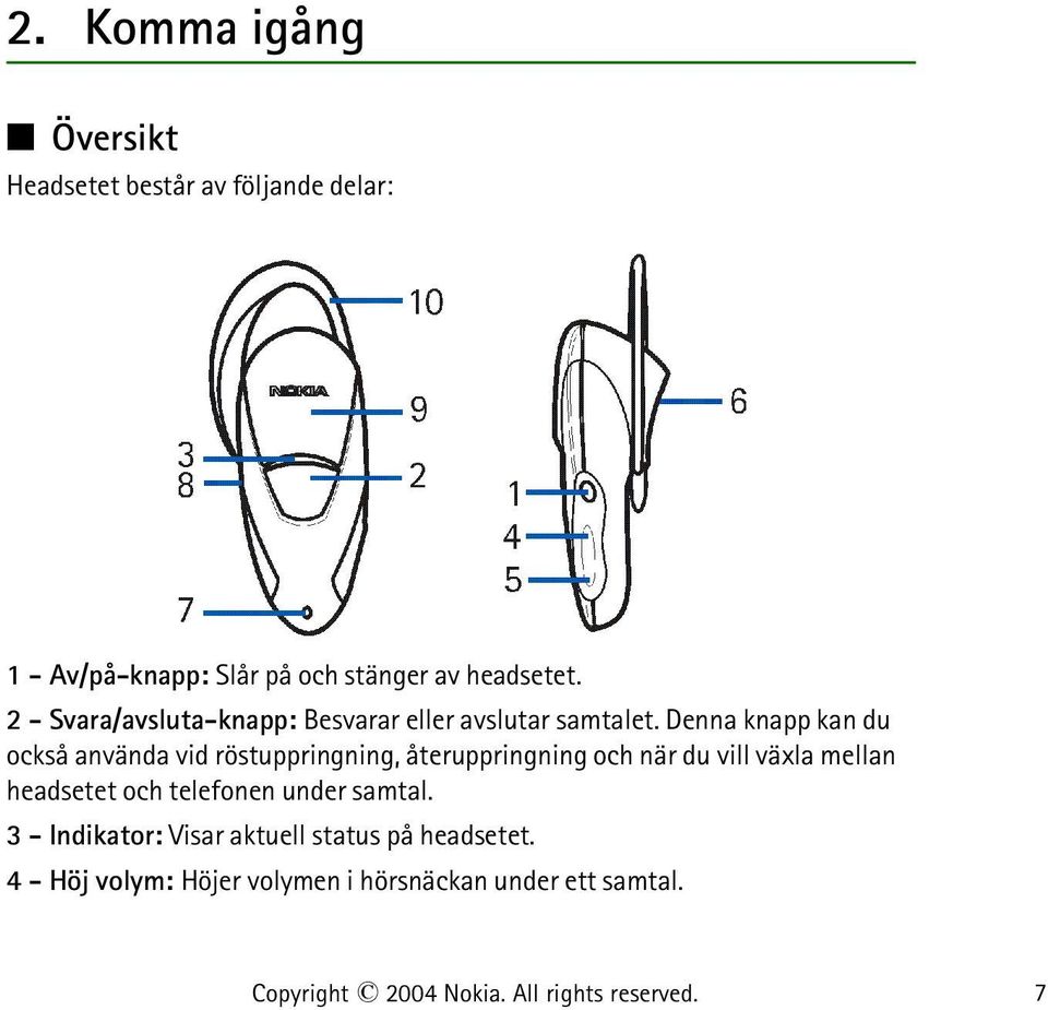 Denna knapp kan du också använda vid röstuppringning, återuppringning och när du vill växla mellan headsetet och