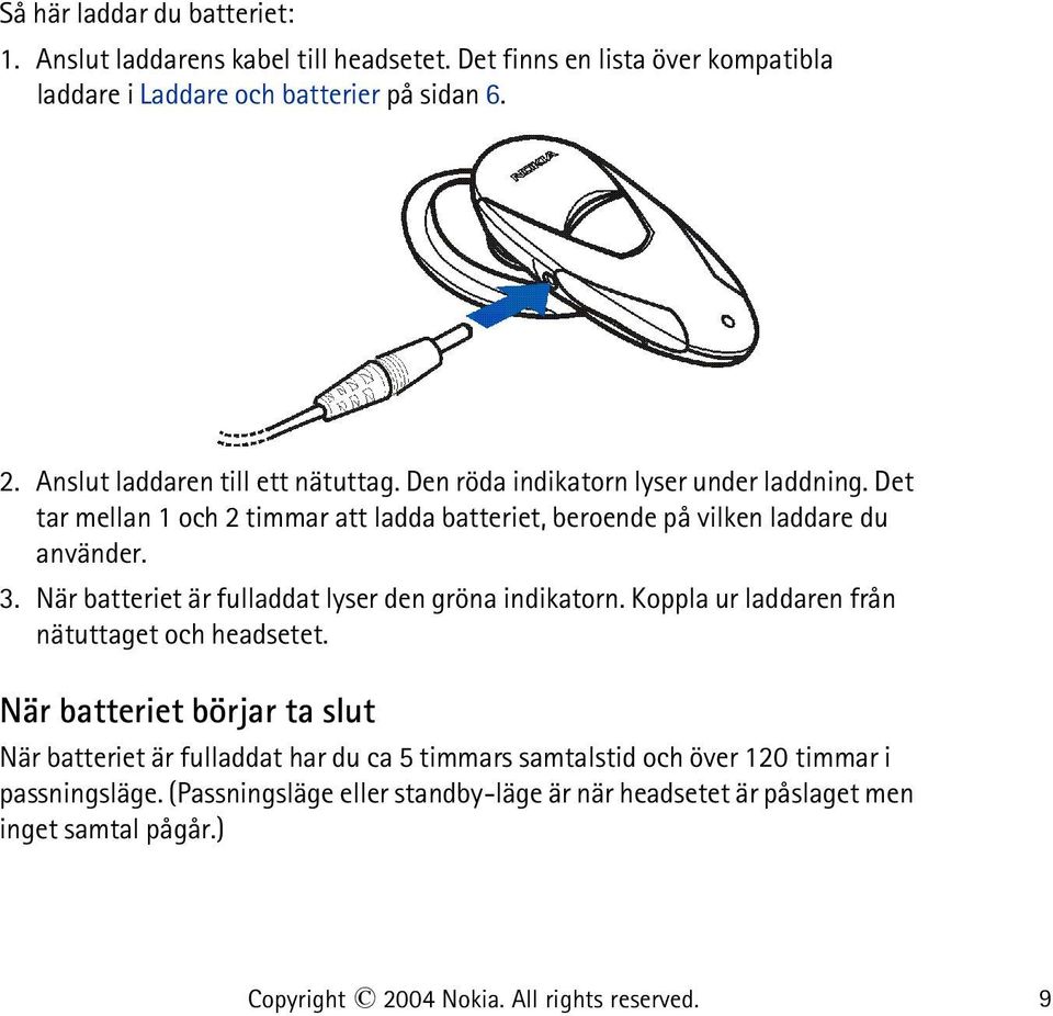 När batteriet är fulladdat lyser den gröna indikatorn. Koppla ur laddaren från nätuttaget och headsetet.