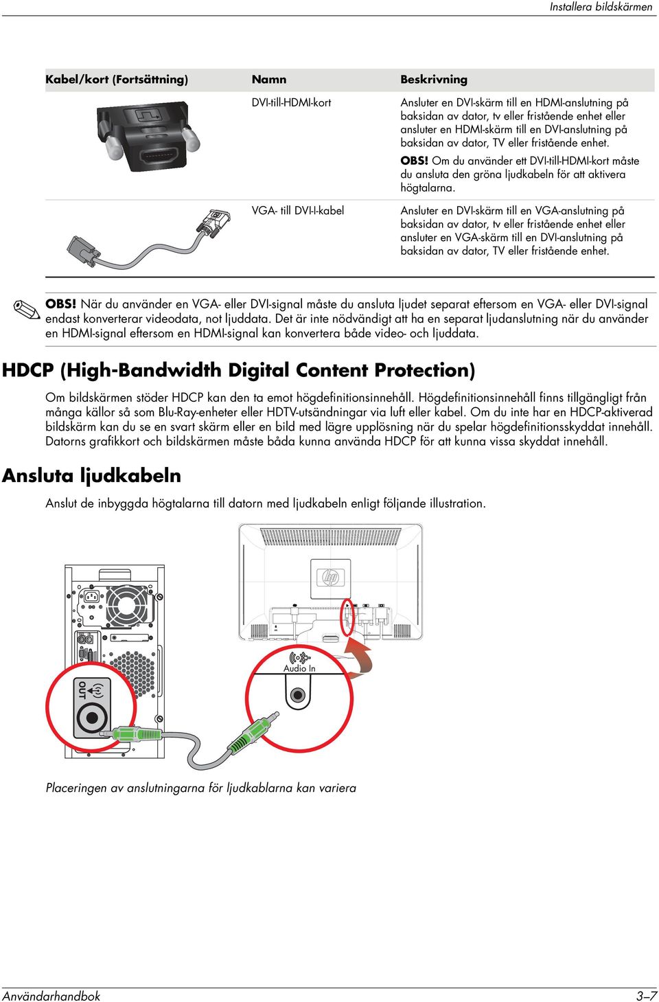 Om du använder ett DVI-till-HDMI-kort måste du ansluta den gröna ljudkabeln för att aktivera högtalarna.