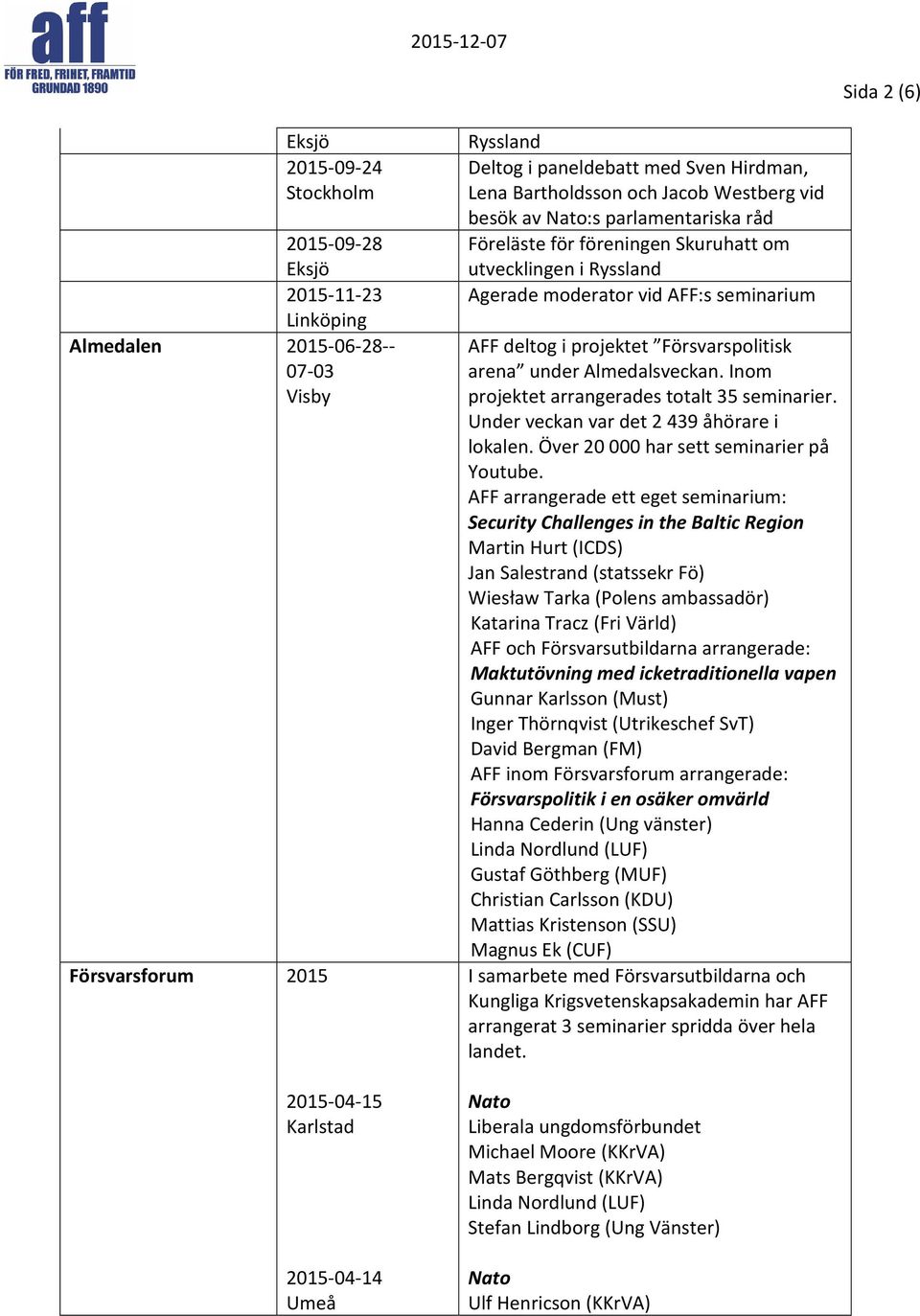 Försvarspolitisk arena under Almedalsveckan. Inom projektet arrangerades totalt 35 seminarier. Under veckan var det 2439 åhörare i lokalen. Över 20000 har sett seminarier på Youtube.