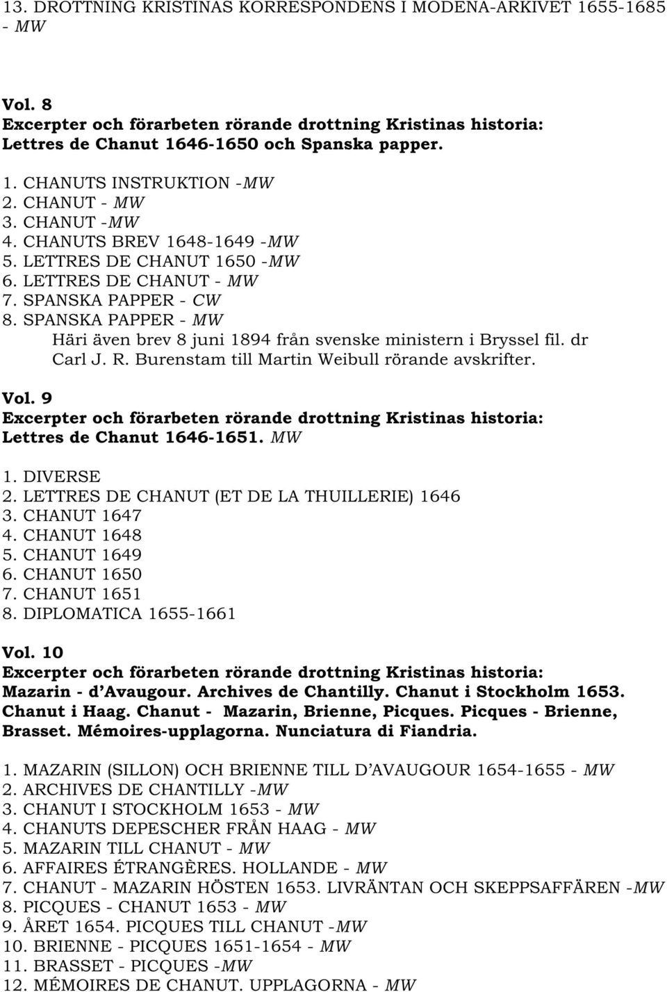 dr Carl J. R. Burenstam till Martin Weibull rörande avskrifter. Vol. 9 Lettres de Chanut 1646-1651. MW 1. DIVERSE 2. LETTRES DE CHANUT (ET DE LA THUILLERIE) 1646 3. CHANUT 1647 4. CHANUT 1648 5.