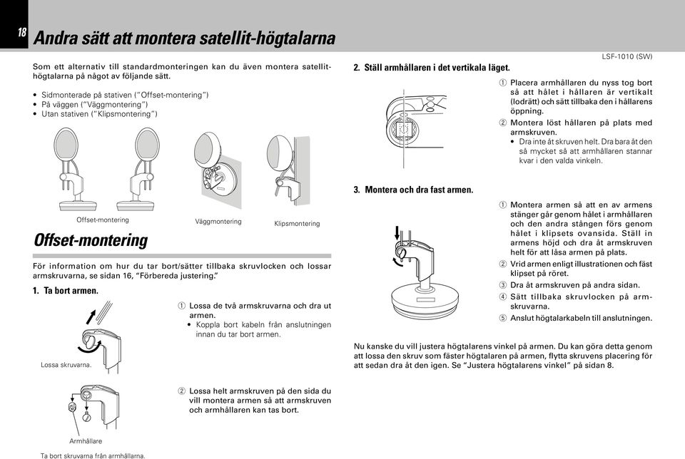 armskruvarna, se sidan 16, Förbereda justering. 1. Ta bort armen. Lossa skruvarna. Offset-montering Väggmontering Klipsmontering Armhållare 1 Lossa de två armskruvarna och dra ut armen.