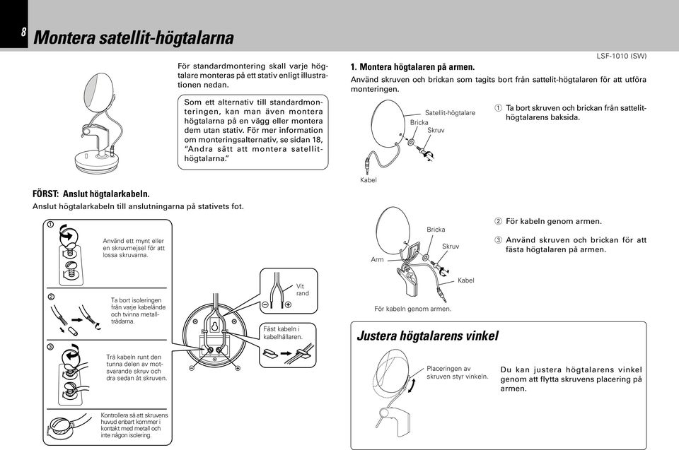 Trä kabeln runt den tunna delen av motsvarande skruv och dra sedan åt skruven. Kontrollera så att skruvens huvud enbart kommer i kontakt med metall och inte någon isolering.