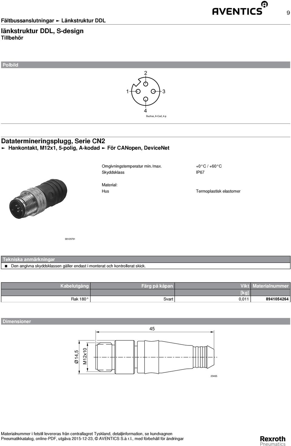 Skyddsklass +0 C / +60 C IP67 Material: Hus Termoplastisk elastomer 0019791 Tekniska anmärkningar Den angivna