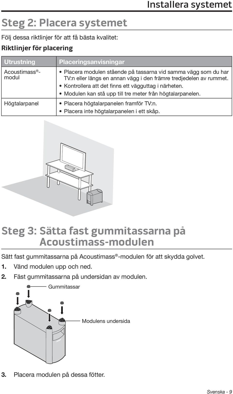 Modulen kan stå upp till tre meter från högtalarpanelen. Placera högtalarpanelen framför TV:n. Placera inte högtalarpanelen i ett skåp.