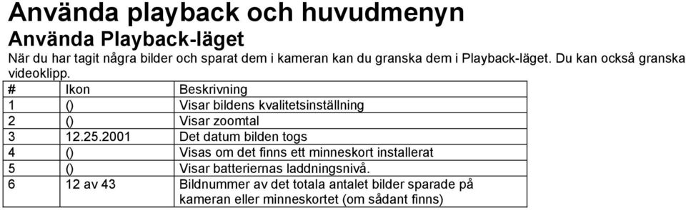 # Ikon Beskrivning 1 () Visar bildens kvalitetsinställning 2 () Visar zoomtal 3 12.25.