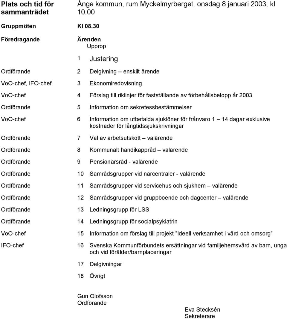 Information om sekretessbestämmelser VoO-chef 6 Information om utbetalda sjuklöner för frånvaro 1 14 dagar exklusive kostnader för långtidssjukskrivningar 7 Val av arbetsutskott valärende 8 Kommunalt