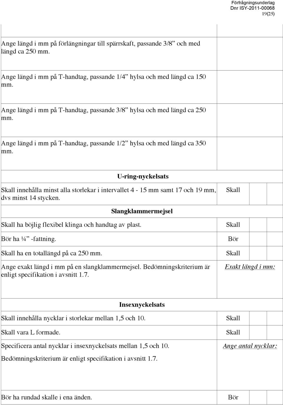 U-ring-nyckelsats innehålla minst alla storlekar i intervallet 4-15 mm samt 17 och 19 mm, dvs minst 14 stycken. Slangklammermejsel ha böjlig flexibel klinga och handtag av plast. Bör ha ¼ -fattning.