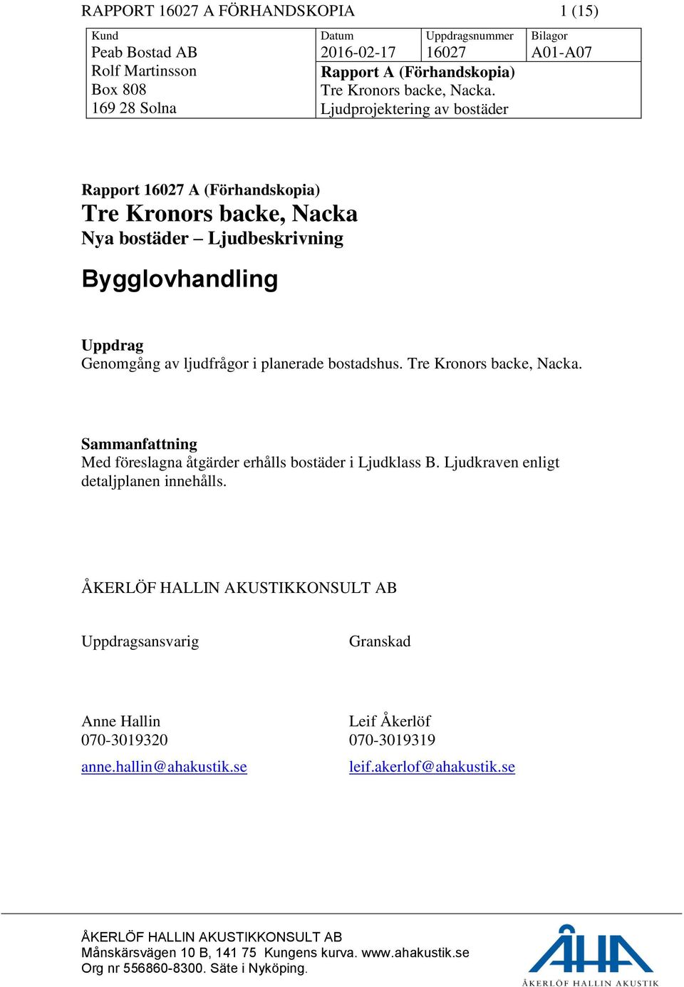 Ljudprojektering av bostäder Bilagor A01-A07 Rapport 16027 A (Förhandskopia) Tre Kronors backe, Nacka Nya bostäder Ljudbeskrivning Bygglovhandling Uppdrag