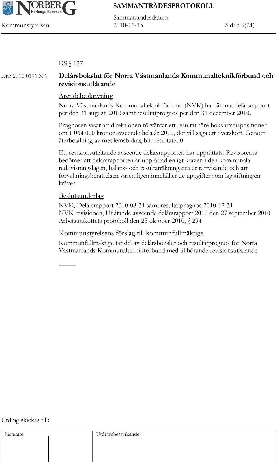 resultatprognos per den 31 december 2010. Prognosen visar att direktionen förväntar ett resultat före bokslutsdispositioner om 1 064 000 kronor avseende hela år 2010, det vill säga ett överskott.