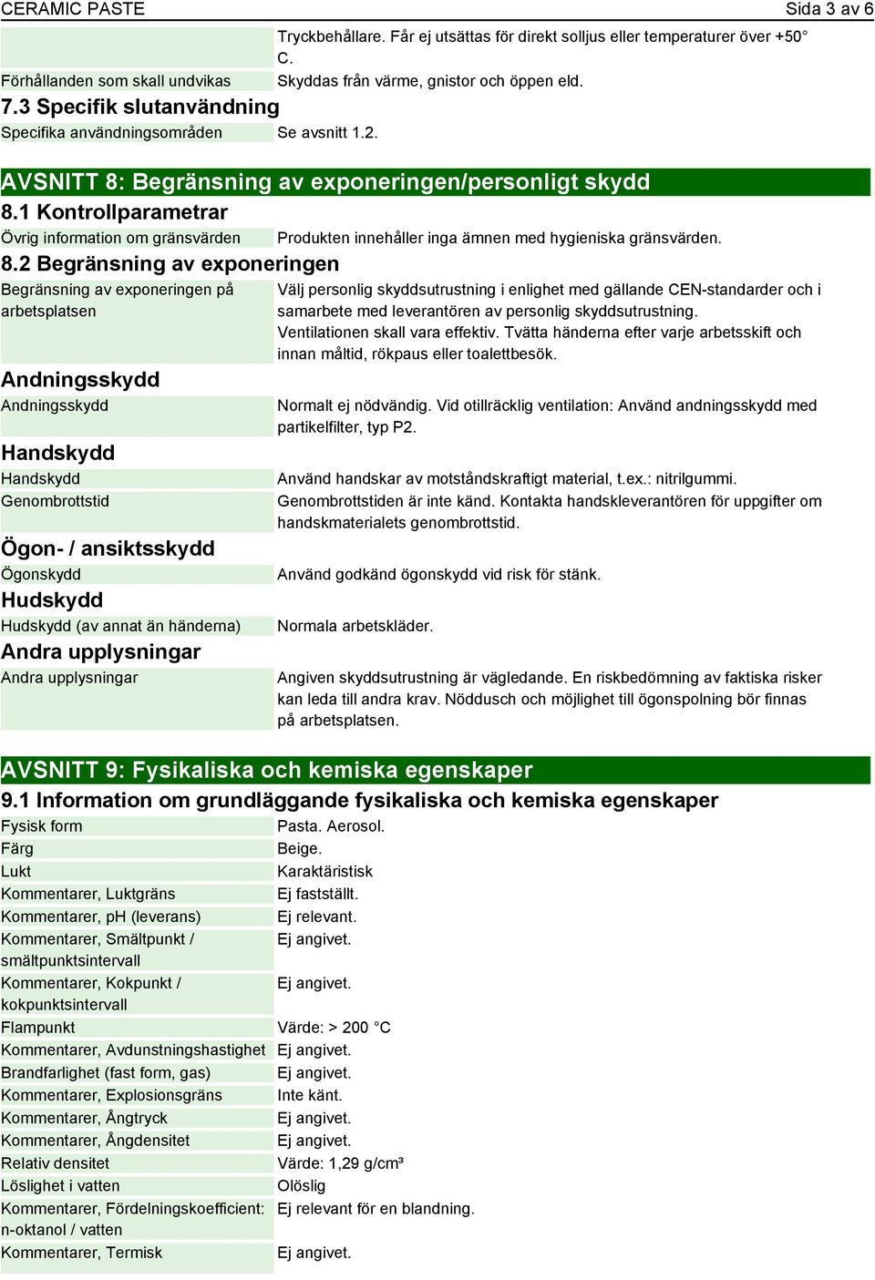 1 Kontrollparametrar Övrig information om gränsvärden 8.