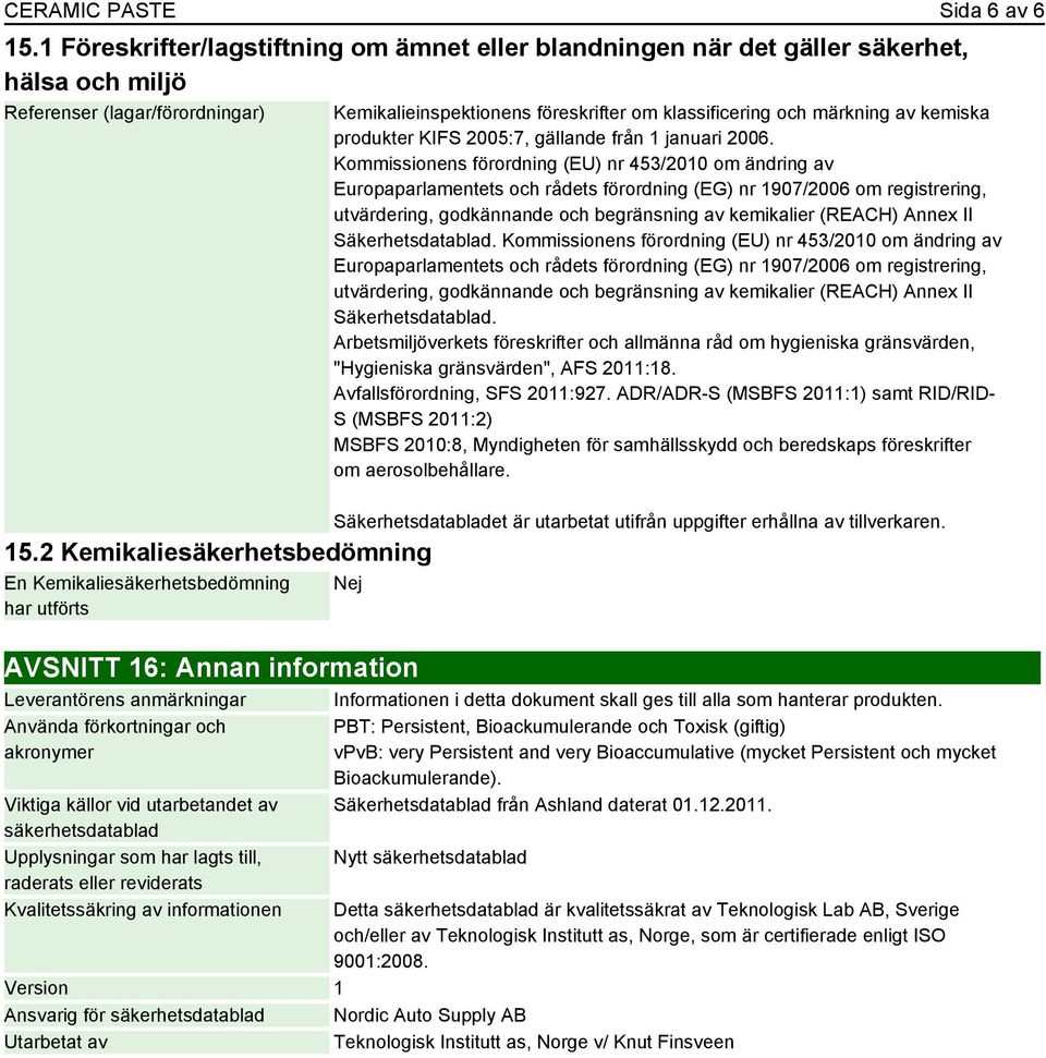2006. Kommissionens förordning (EU) nr 453/2010 om ändring av Europaparlamentets och rådets förordning (EG) nr 1907/2006 om registrering, utvärdering, godkännande och begränsning av kemikalier