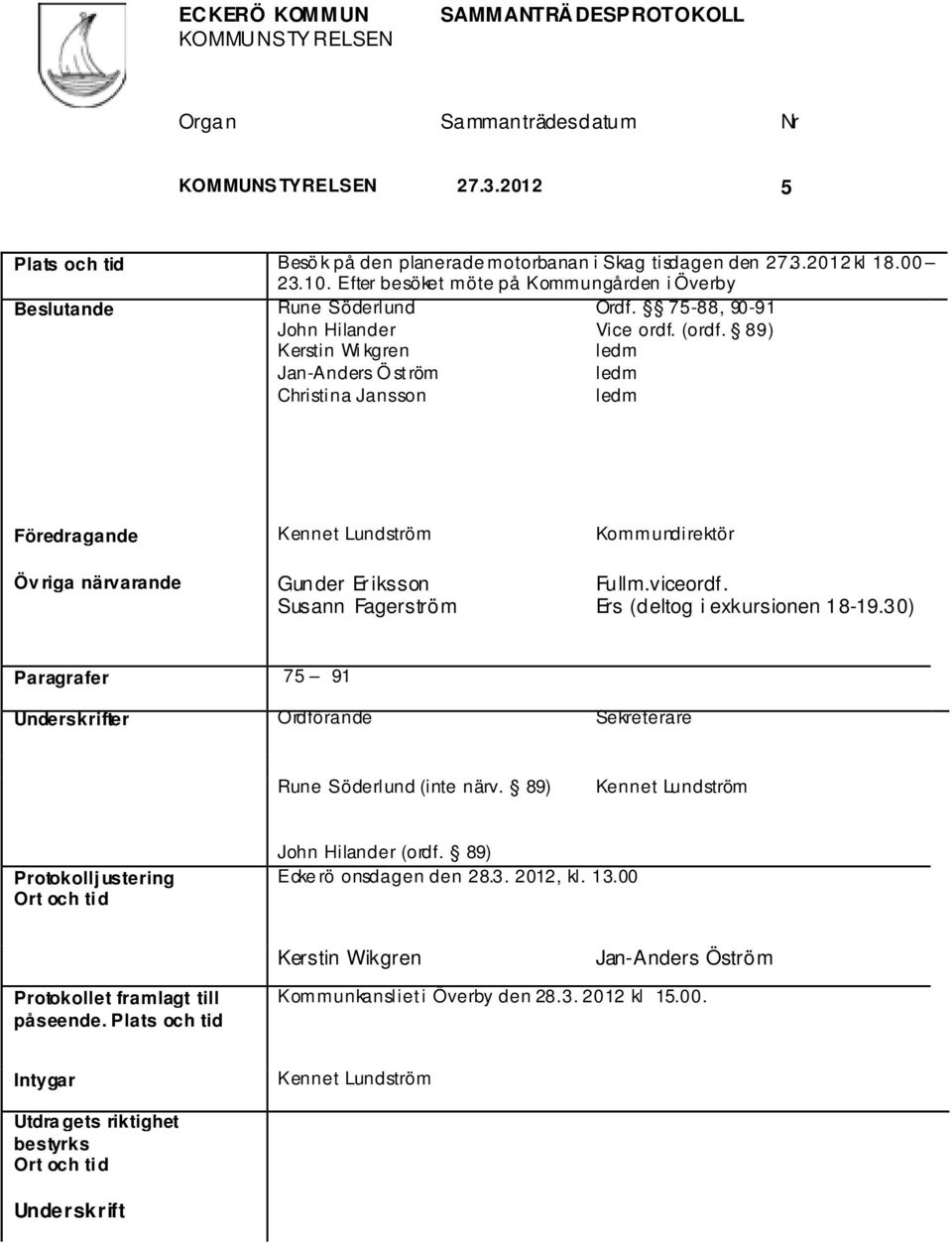 89) ledm ledm ledm Föredragande Kennet Lundström Kommundirektör Öv riga närvarande Gunder Eriksson Susann Fagerström Fullm.viceordf. Ers (deltog i exkursionen 18-19.