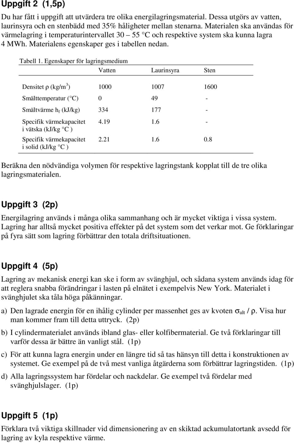 Egenskape fö lagingsmedium Vatten Lauinsya Sten Densitet ρ (kg/m 3 ) 7 6 Smälttempeatu ( C) 49 - Smältväme h f (kj/kg) 334 77 - Specifik vämekapacitet i vätska (kj/kg C ) Specifik vämekapacitet i