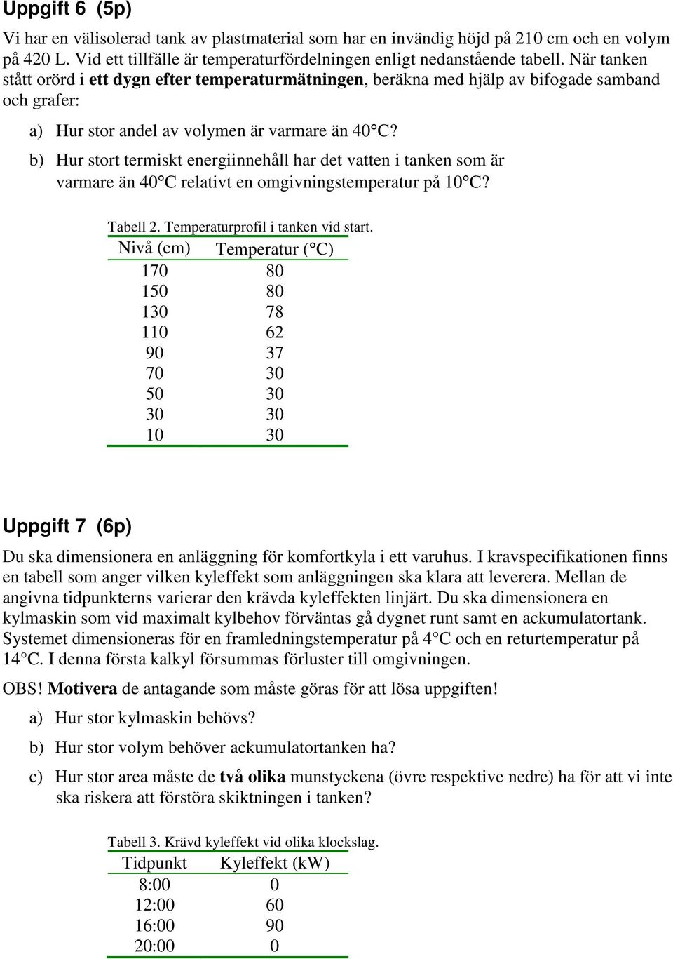 b) Hu stot temiskt enegiinnehåll ha det vatten i tanken som ä vamae än 4 C elativt en omgivningstempeatu på C? abell. empeatupofil i tanken vid stat.