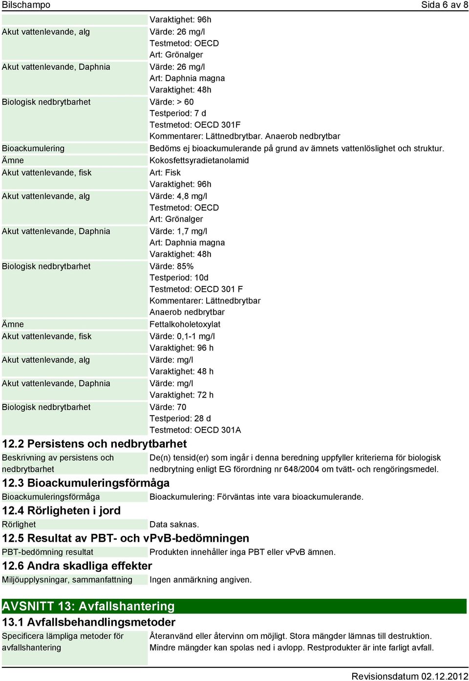 Anaerob nedbrytbar Bioackumulering Bedöms ej bioackumulerande på grund av ämnets vattenlöslighet och struktur.