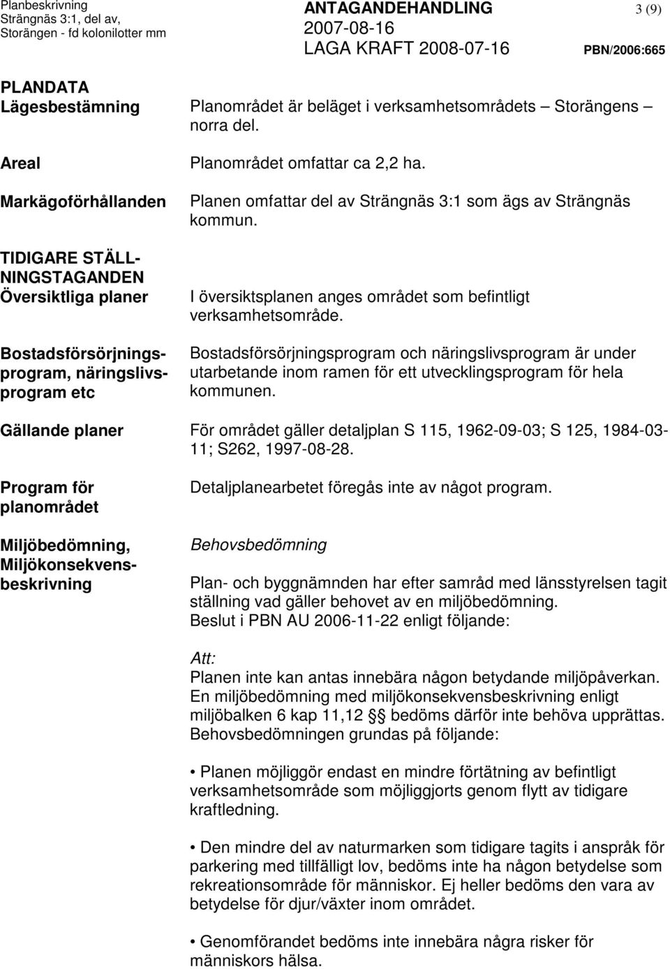 Planen omfattar del av Strängnäs 3:1 som ägs av Strängnäs kommun. I översiktsplanen anges området som befintligt verksamhetsområde.