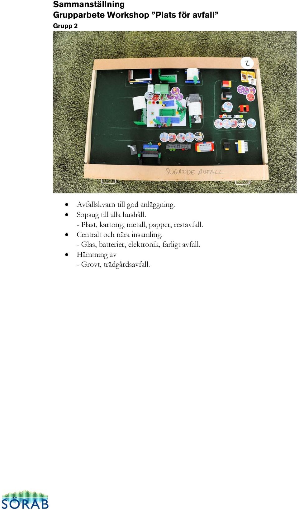 - Plast, kartong, metall, papper, restavfall.