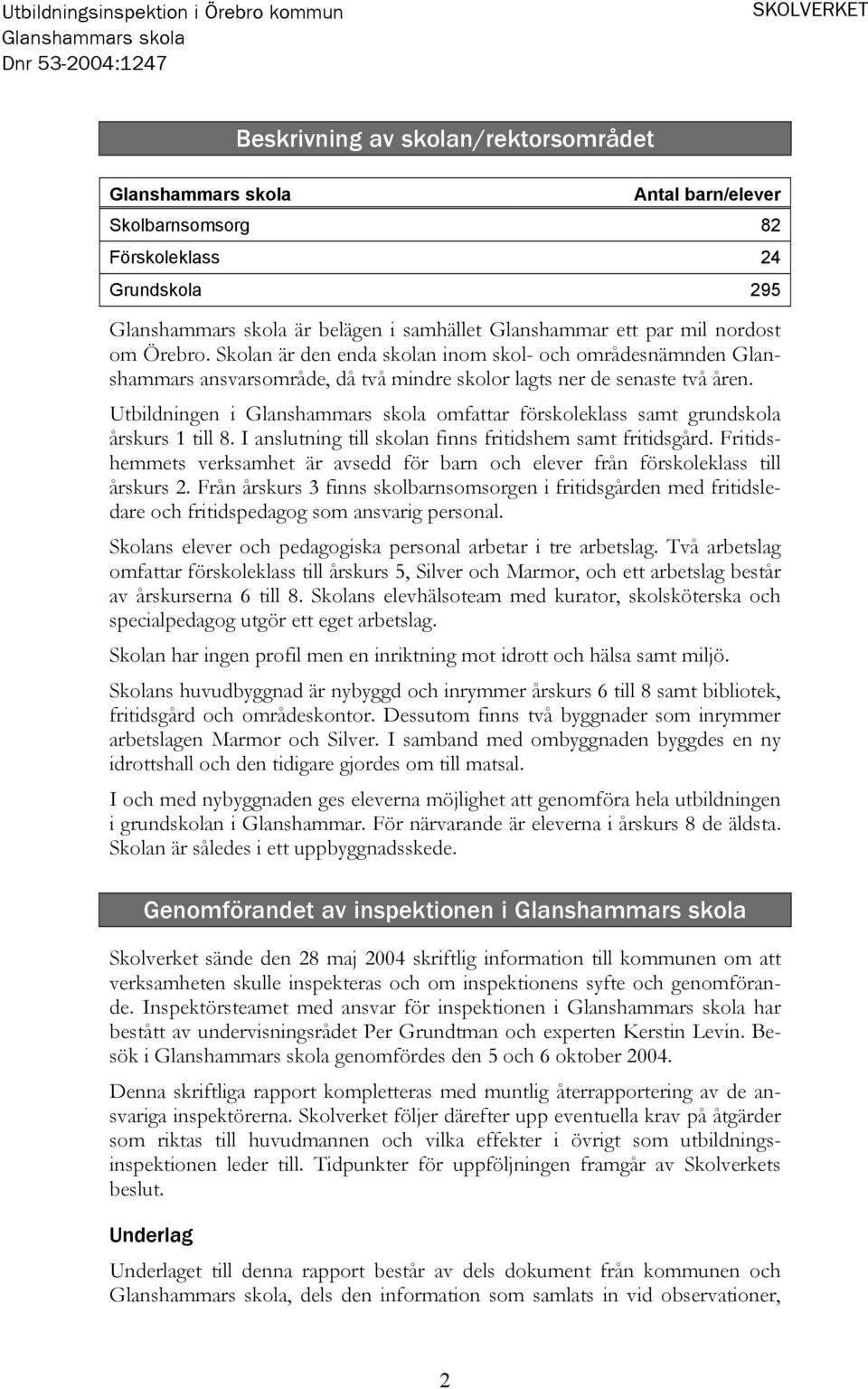 Utbildningen i omfattar förskoleklass samt grundskola årskurs 1 till 8. I anslutning till skolan finns fritidshem samt fritidsgård.