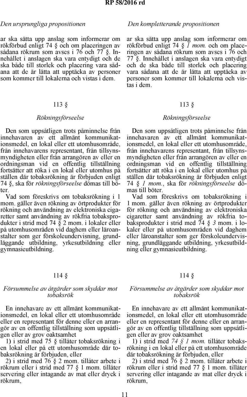 Den kompletterande propositionen ar ska sätta upp anslag som informerar om rökförbud enligt 74 1 mom. och om placeringen av sådana rökrum som avses i 76 och 77.