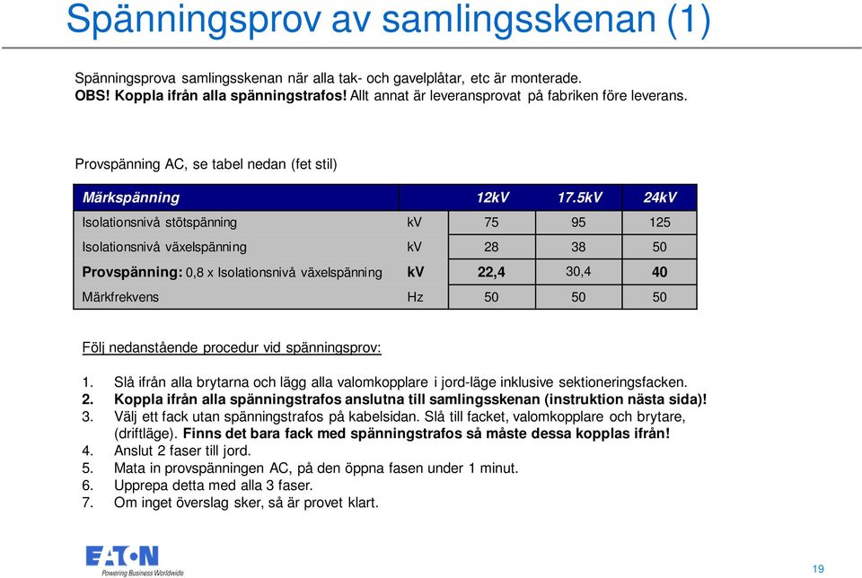 5kV 24kV Isolationsnivå stötspänning kv 75 95 125 Isolationsnivå växelspänning kv 28 38 50 Provspänning: 0,8 x Isolationsnivå växelspänning kv 22,4 30,4 40 Märkfrekvens Hz 50 50 50 Följ nedanstående