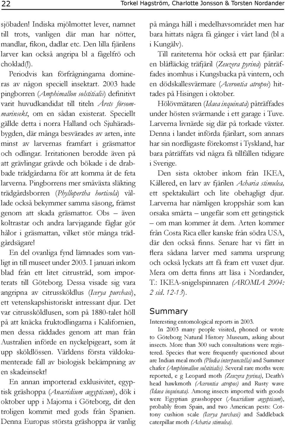 2003 hade pingborren (Amphimallon solstitialis) ) definitivt varit huvudkandidat till titeln Årets försom- marinsekt, om en sådan existerat.
