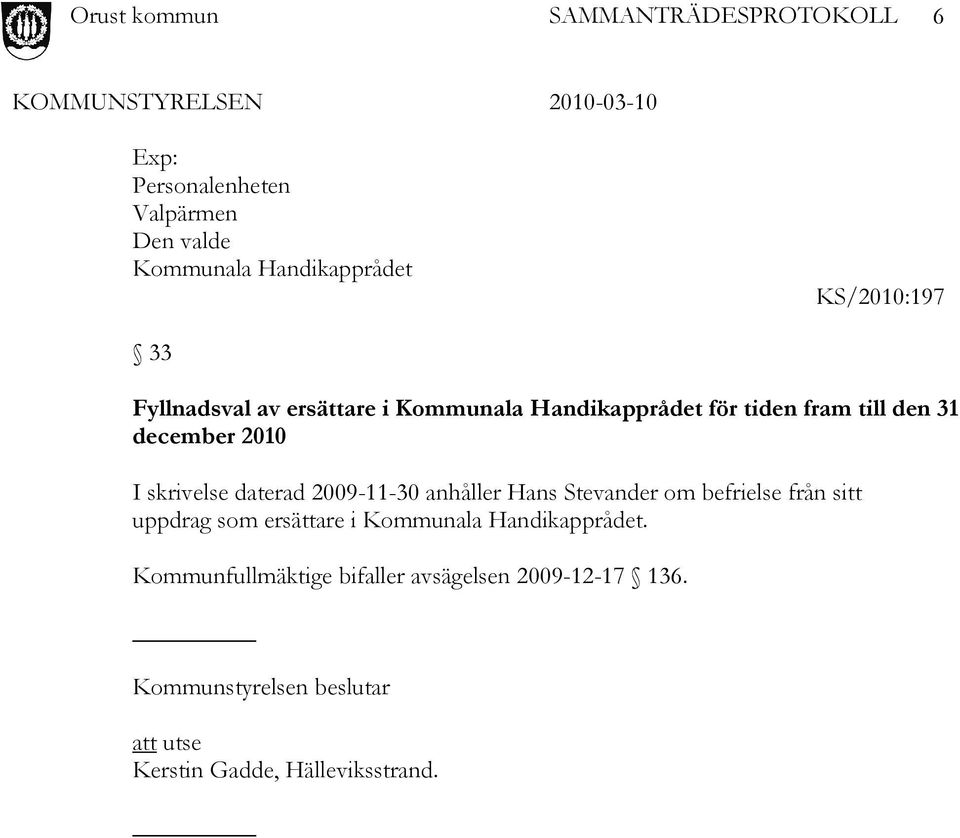 2009-11-30 anhåller Hans Stevander om befrielse från sitt uppdrag som ersättare i Kommunala