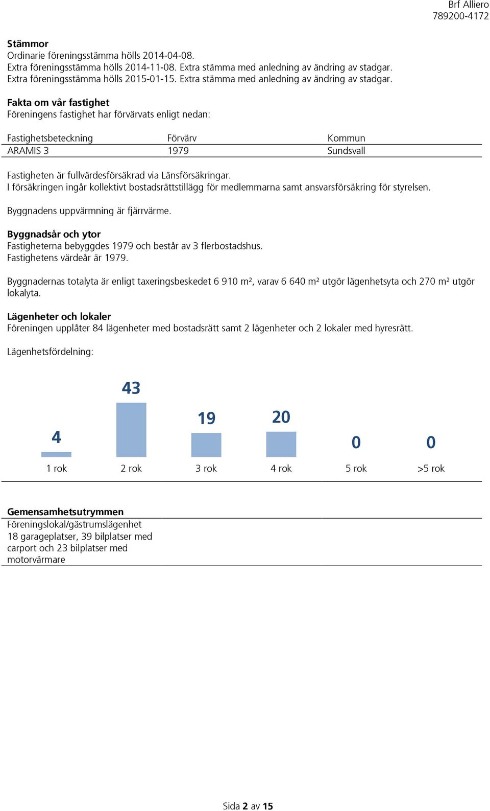 Fakta om vår fastighet Föreningens fastighet har förvärvats enligt nedan: Fastighetsbeteckning Förvärv Kommun ARAMIS 3 1979 Sundsvall Fastigheten är fullvärdesförsäkrad via Länsförsäkringar.