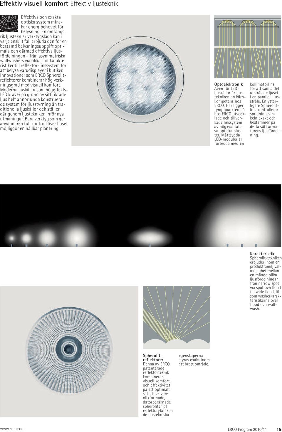 spotkarakteristiker till reflektor-lins system för att belysa varudisplayer i butiker. Innovationer som ERCO Spherolitreflektorer kombinerar hög verkningsgrad med visuell komfort.