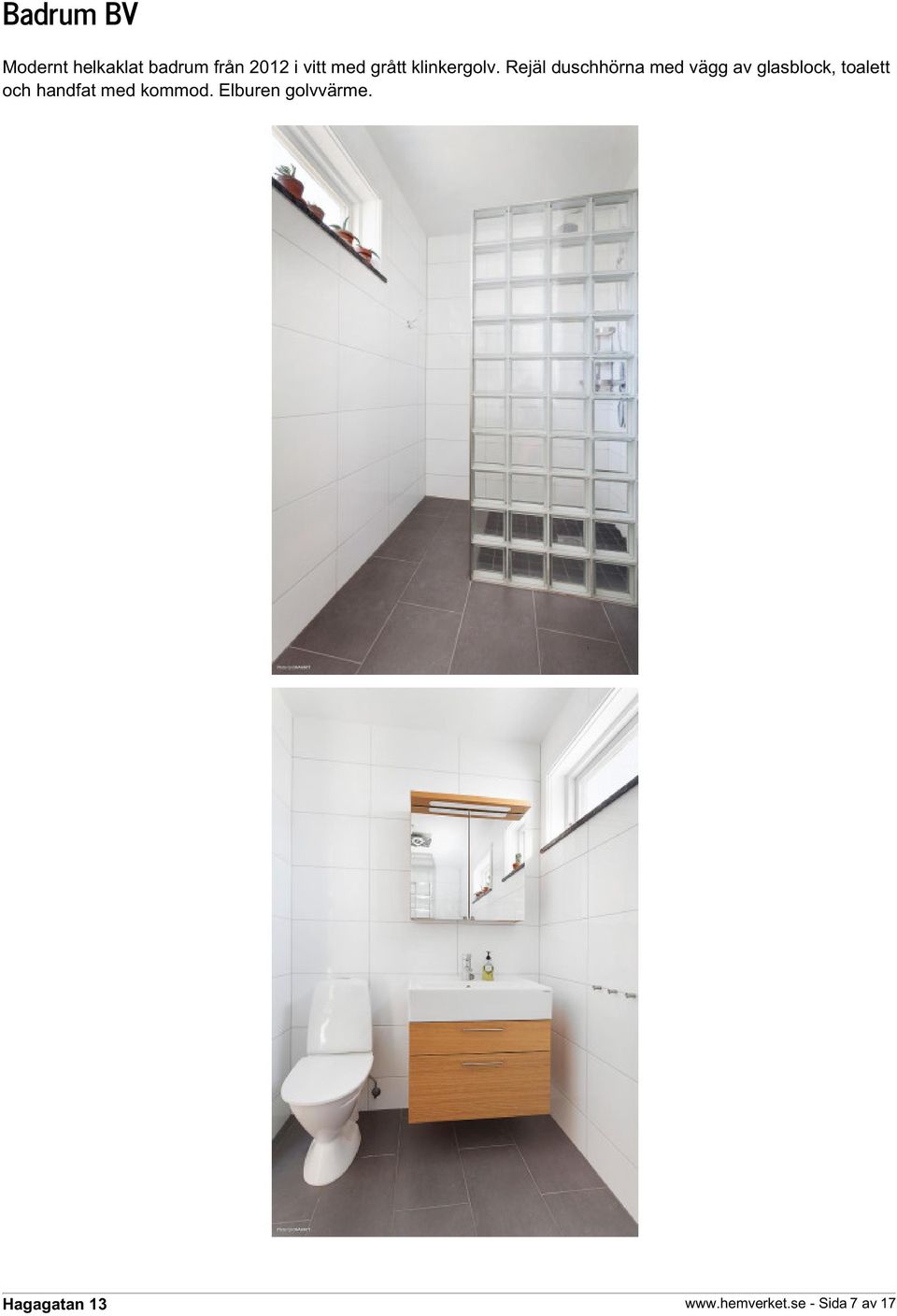 Rejäl duschhörna med vägg av glasblock, toalett