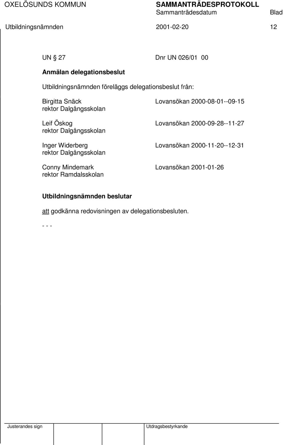 Öskog Lovansökan 2000-09-28--11-27 rektor Dalgångsskolan Inger Widerberg Lovansökan 2000-11-20--12-31 rektor