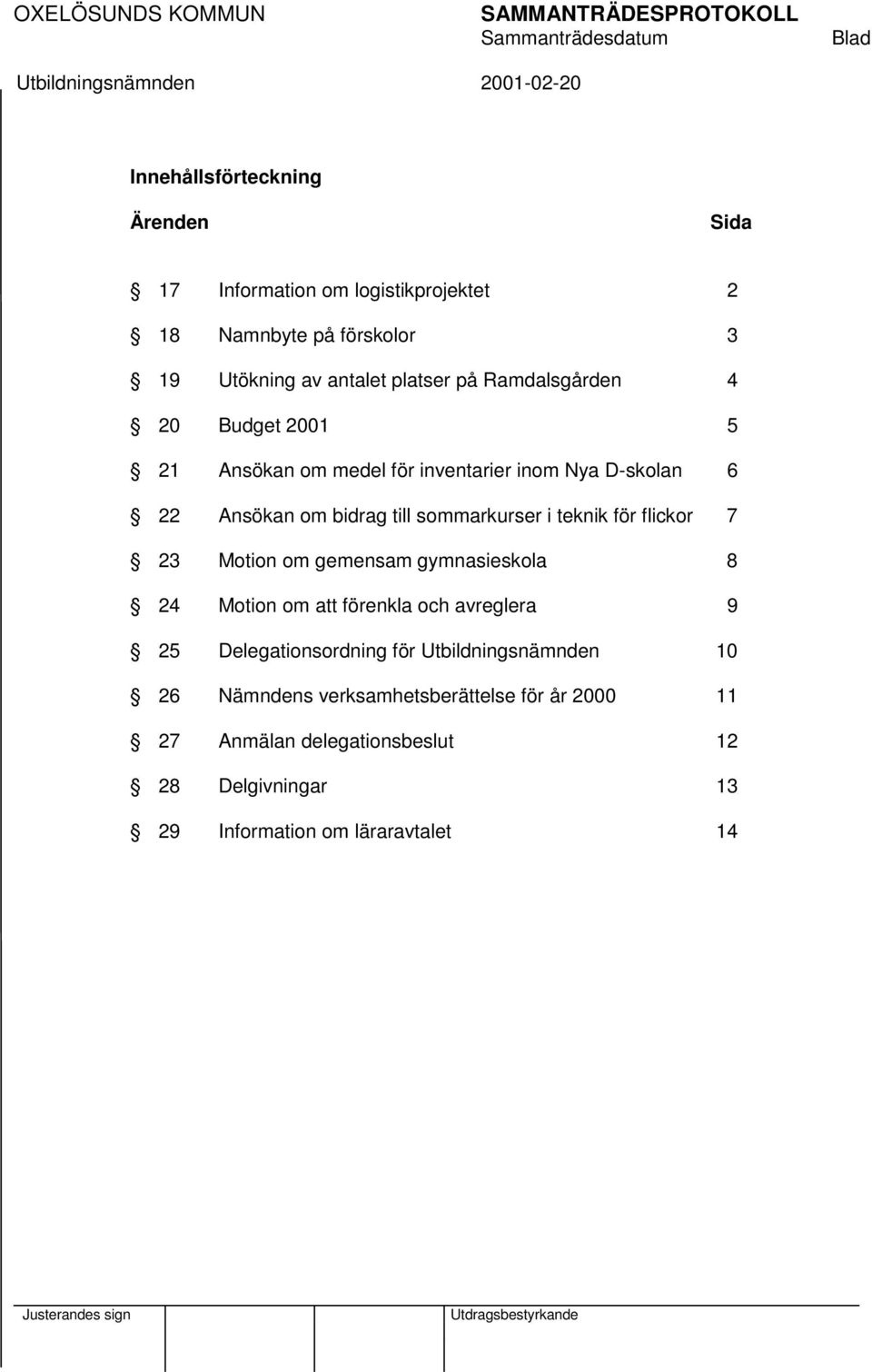 sommarkurser i teknik för flickor 7 23 Motion om gemensam gymnasieskola 8 24 Motion om att förenkla och avreglera 9 25 Delegationsordning för