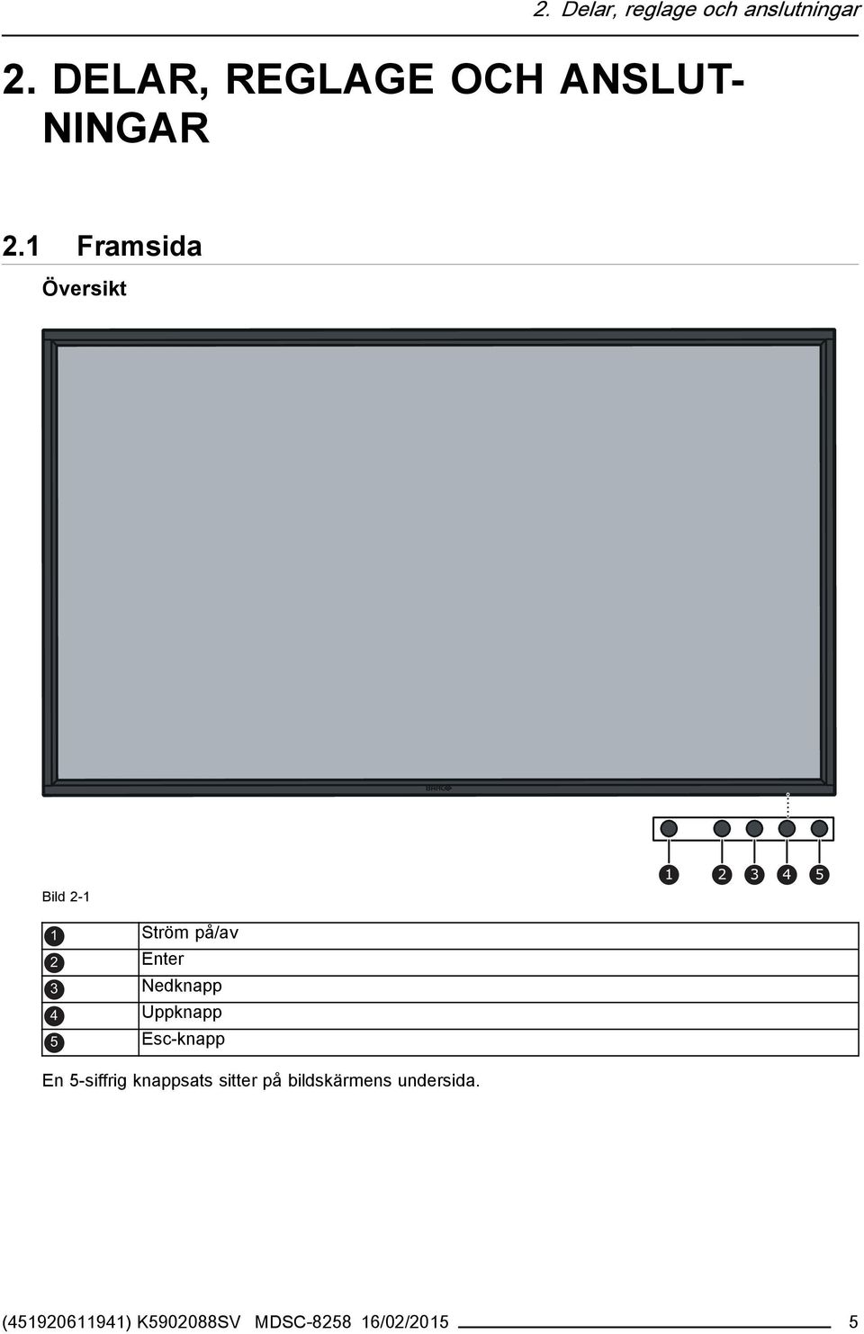 1 Framsida Översikt Bild 2-1 1 2 3 4 5 1 Ström på/av 2 Enter 3